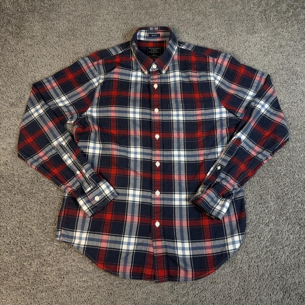 Abercrombie & Fitch Muscle Shirt Mens L Blue Long Sleeve Button Up Plaid Preppy